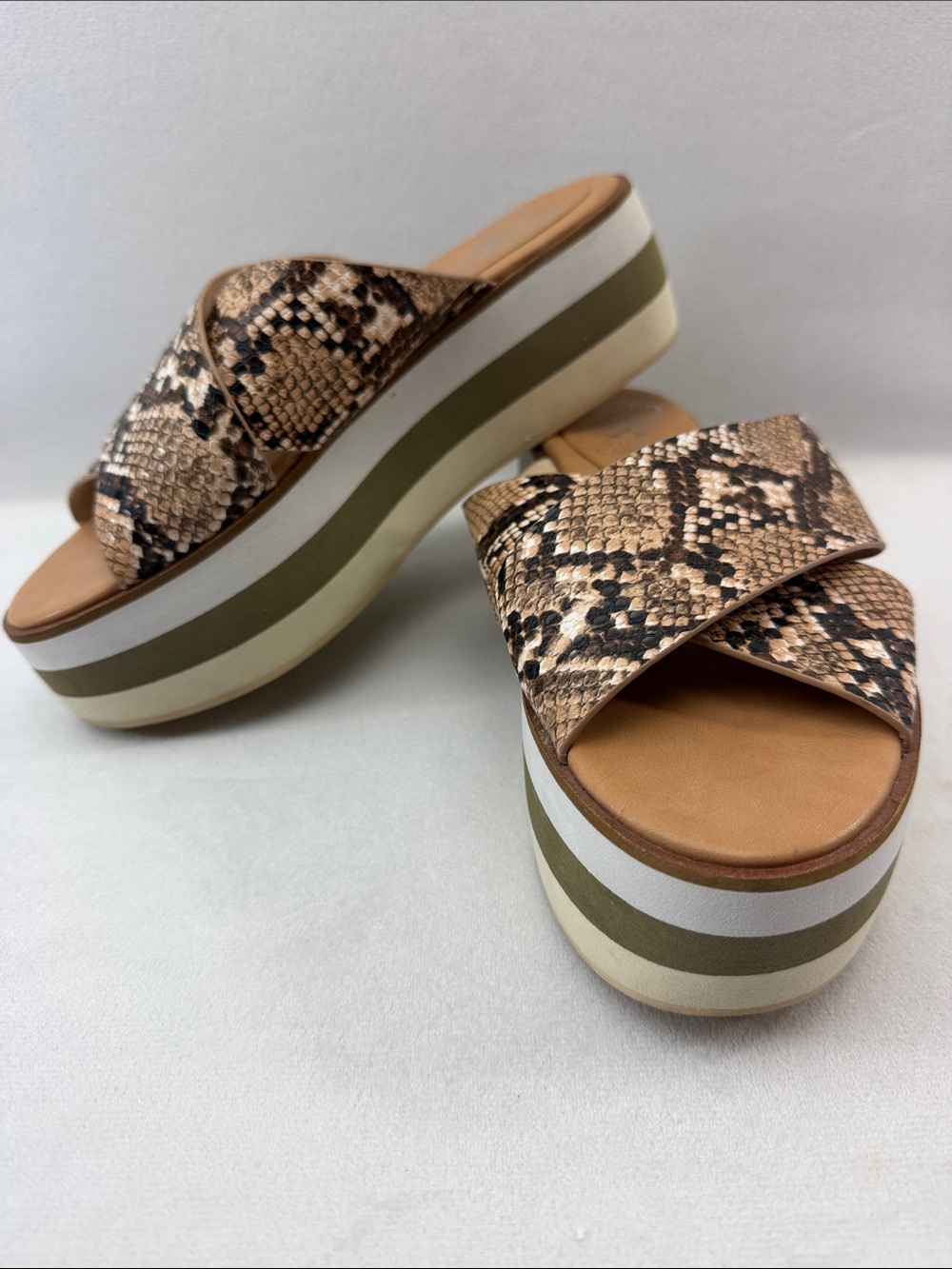Vince Camuto Snake Print Platform Slide Sandals in Cream Brown Tan